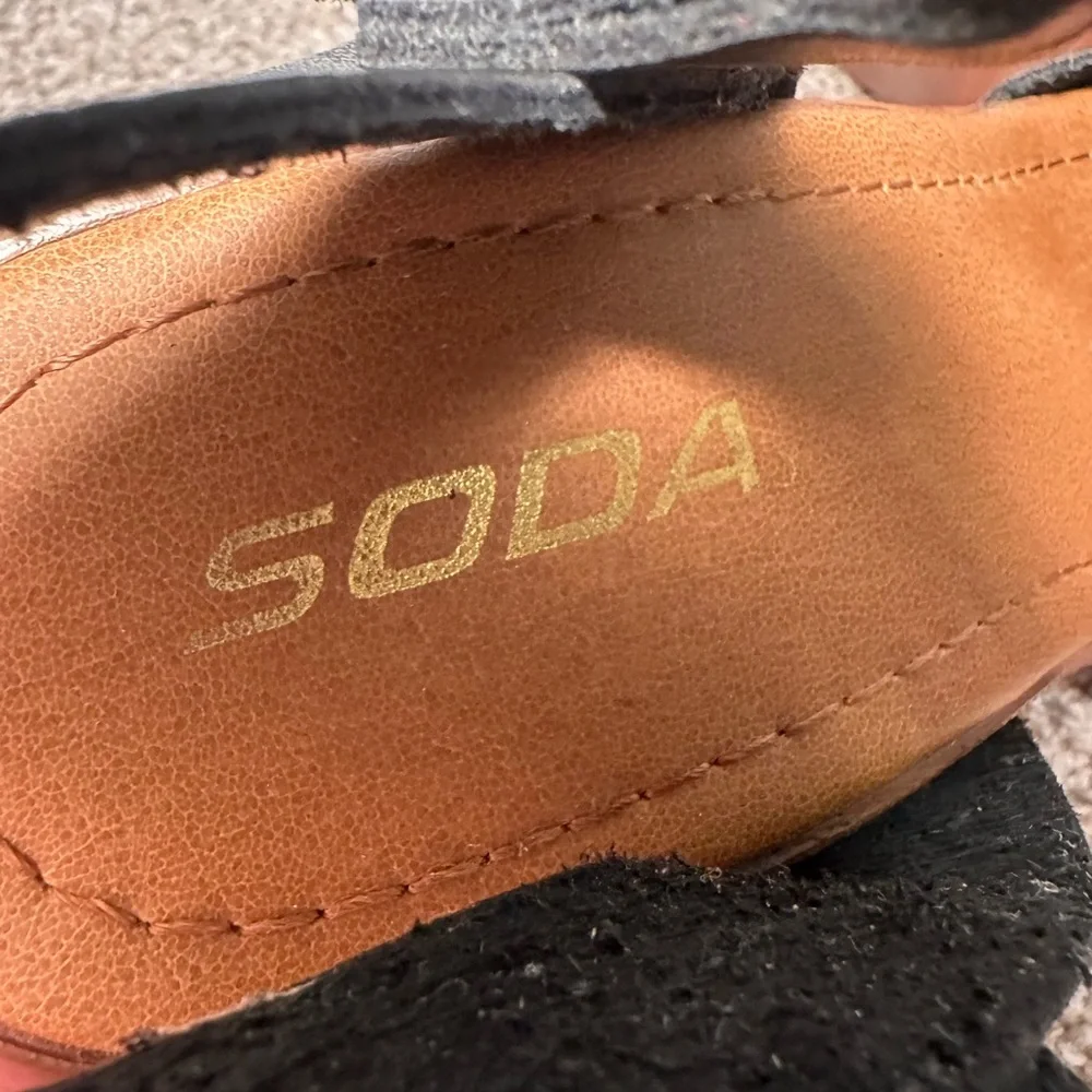 Soda Black and Tan Wedge Sandals